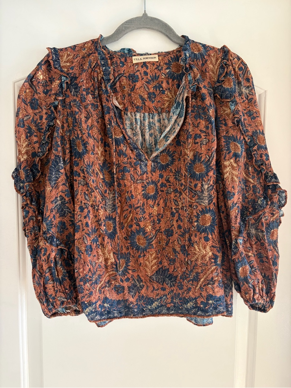 Ulla Johnson Rust Floral Long-Sleeve V-Neck Blouse - size 0
